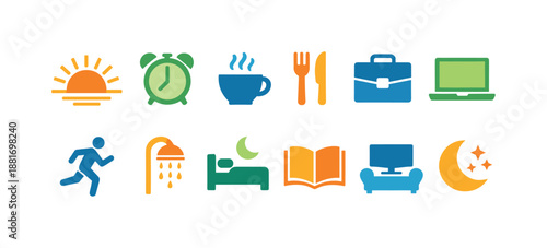 Colorful daily routine icon set showing sunrise alarm breakfast work laptop exercise shower sleep reading television and nighttime rest symbols
