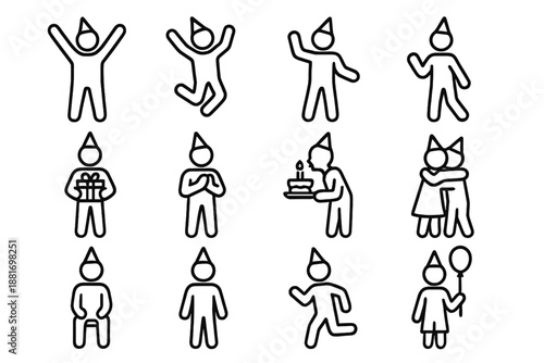 Birthday Pose Icons. Birthday celebration poses. Line outline icon set of Birthday celebration poses: cheering