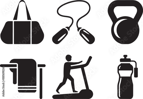Collection of black fitness including gym bag jump rope kettlebell towel treadmill and water bottle