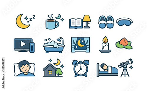Set of bedtime and night routine icons featuring moon, sleeping person, alarm clock, cozy home, book, warm drink, bath, candle, slippers, and stargazing