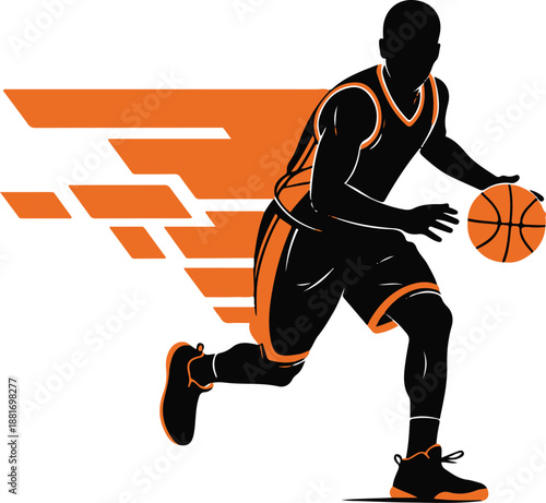 Black silhouette basketball player dribbling with orange motion streaks