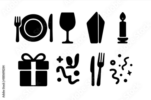 Elegant Birthday Icons. Elegant birthday table setting. Filled icon set of Elegant birthday table setting: