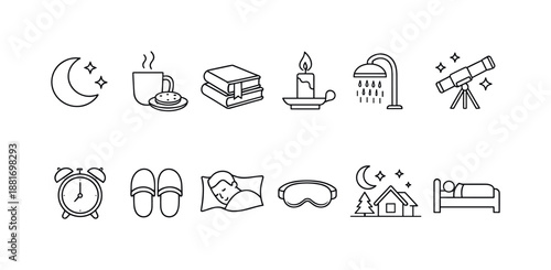Minimal line icons illustrating bedtime routine items including moon, coffee, books, candle, shower, telescope, alarm clock, slippers, sleep and bedroom symbols