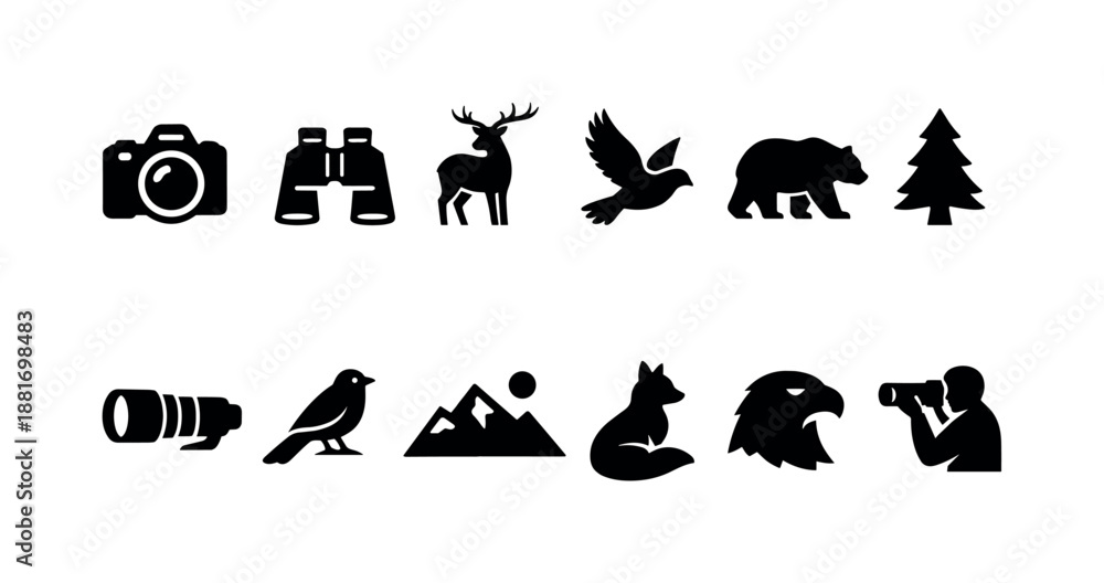 Obraz premium Set of outdoor adventure silhouettes including camera, binoculars, deer, bird, bear, pine tree, lens, mountains, fox, eagle, and photographer