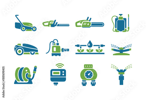 Set of flat garden equipment icons featuring lawn mower, chainsaw, backpack sprayer, hose reel, irrigation timer, sprinkler and drip line tools