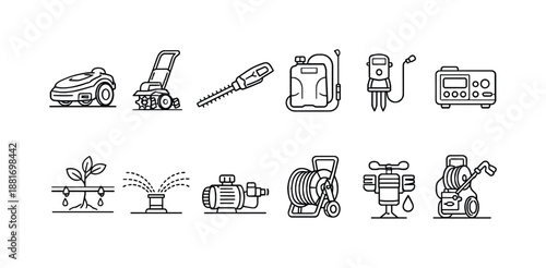 Minimal line icon set of garden and yard tools featuring robotic mower, lawnmower, hedge trimmer, sprayer, generator, irrigation, pump, hose reel