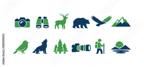 Set of outdoor adventure and wildlife icons featuring camera, binoculars, deer, bear, bird, mountains, hiker, forest, river, and wolf silhouettes