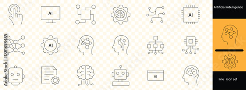 Artificial Intelligence (AI) and Future Technology line icon set. Contains symbols for Chatbot, Machine Learning, 5G, and Data Science. Thin line vector design for digital