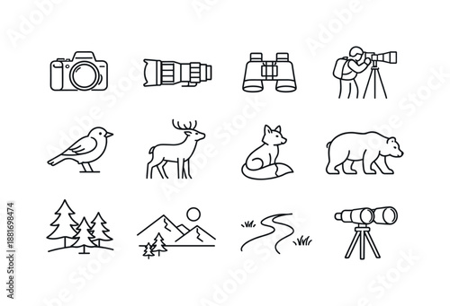Minimal line icon set of wildlife and nature observation tools featuring camera, binoculars, telescope, animals, forest trees, mountains, and trail