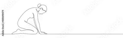 One continuous line drawing of a woman kneeling down in a pose of sadness or humility. Minimalist style