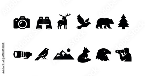 Set of outdoor adventure silhouettes including camera, binoculars, deer, bird, bear, pine tree, lens, mountains, fox, eagle, and photographer