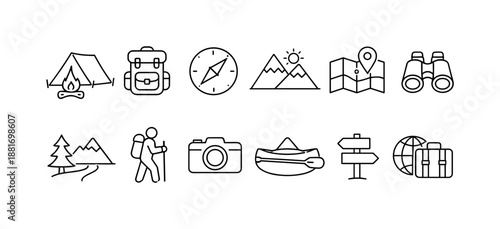 Minimal line icon set for outdoor travel and adventure, featuring camping tent, backpack, compass, mountains, map, binoculars, hiking and camera