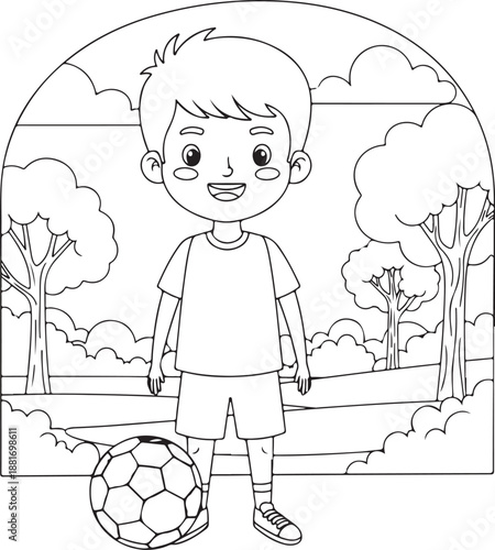Boy with soccer ball in park outline child football