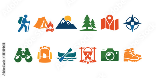 Colorful outdoor adventure icons showing hiking, camping, mountains, forest, map navigation, binoculars, backpack, canoeing, campfire, camera, and boots