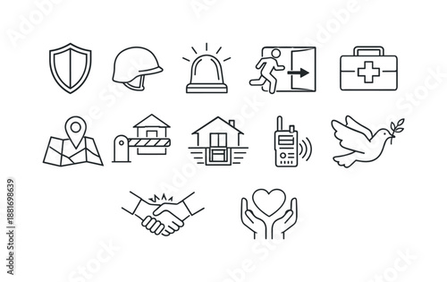 Set of minimalist black line safety and emergency icons including shield, helmet, siren, exit, first aid, map, handshake, radio, and peace dove