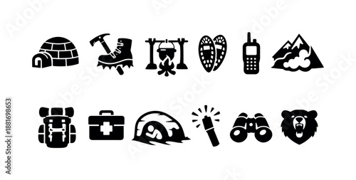 Set of outdoor adventure and camping icons including igloo, crampons, campfire grill, snowshoes, radio, mountains, backpack, first aid, helmet, torch, binoculars, bear