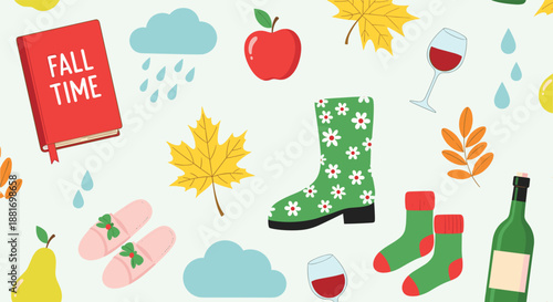 Pattern of autumn icons featuring red apples, falling leaves, wine glasses, rain clouds, and green boots for a festive fall time theme.