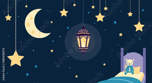 Night sky illustration features a glowing lantern hanging over a child's bed with a teddy bear under a crescent moon and bright stars.