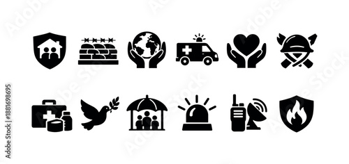 Black humanitarian aid and emergency services icon set featuring shelter, medical care, rescue, security, peace, communication, and disaster response symbols