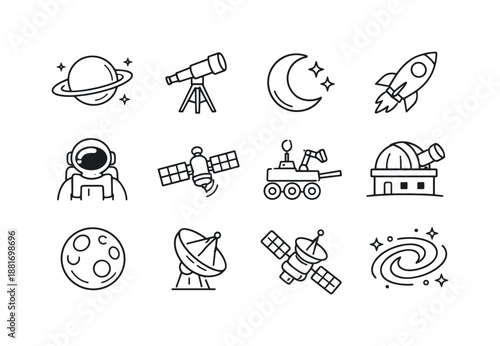 Set of simple line art space icons featuring astronaut, planets, moon, rocket, telescope, satellites, rover, observatory, galaxy, and antenna dish