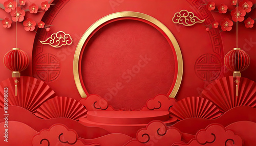 3D Chinese New Year papercut red background. Golden circular frame, lantern and fan decor. Plum blossoms and layered clouds. Festive podium scene with copy space for text.