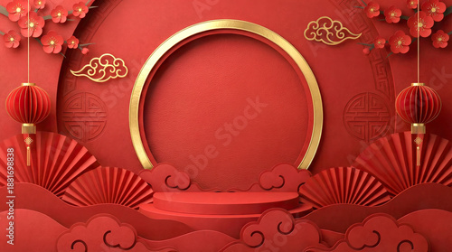 3D Chinese New Year papercut red background. Golden circular frame, lantern and fan decor. Plum blossoms and layered clouds. Festive podium scene with copy space for text.