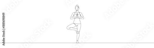 One continuous line drawing of a woman doing yoga in a tree pose, hands in prayer. Minimalist style