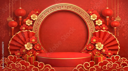 3D Chinese New Year papercut red background. Golden circular frame, lantern and fan decor. Plum blossoms and layered clouds. Festive podium scene with copy space for text.