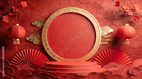 3D Chinese New Year papercut red background. Golden circular frame, lantern and fan decor. Plum blossoms and layered clouds. Festive podium scene with copy space for text.