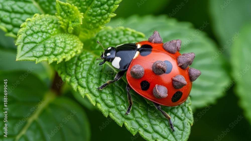 Fototapeta premium Red ladybug on green leaf
