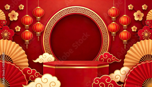 3D Chinese New Year papercut red background. Golden circular frame, lantern and fan decor. Plum blossoms and layered clouds. Festive podium scene with copy space for text.
