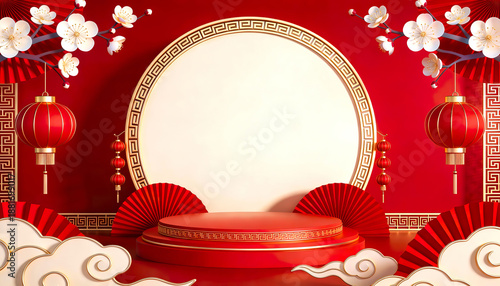 3D Chinese New Year papercut red background. Golden circular frame, lantern and fan decor. Plum blossoms and layered clouds. Festive podium scene with copy space for text.
