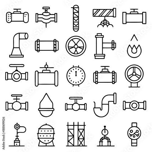 Industrial vector icon set - pipes, valves, machinery, and tools