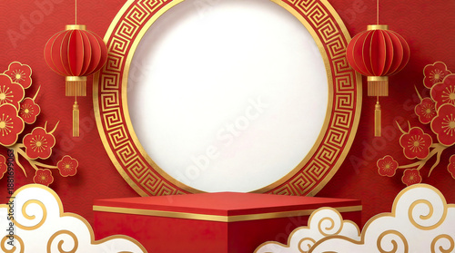 3D Chinese New Year papercut red background. Golden circular frame, lantern and fan decor. Plum blossoms and layered clouds. Festive podium scene with copy space for text.