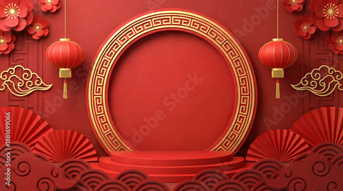 3D Chinese New Year papercut red background. Golden circular frame, lantern and fan decor. Plum blossoms and layered clouds. Festive podium scene with copy space for text.