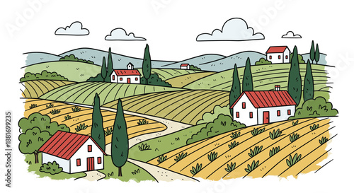 Hand-drawn landscape illustration features rolling green hills with white farmhouses, vineyards, and rows of trees under a cloudy sky.