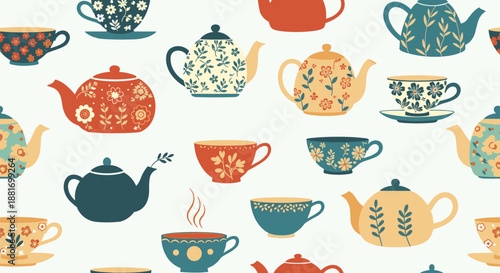 Seamless pattern shows various teapots and teacups with floral and decorative designs in warm earthy tones on a cream background.