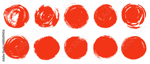 Red brush circle set. Hand drawn rough textured painted Japanese flag. Grunge stamp red ink blobs, splashes. Asian vector abstract watercolor rough badge elements doodle style dynamic splash, drip