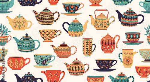 Seamless pattern of various ornately decorated teapots and teacups in a warm color palette is set on a cream-colored background.