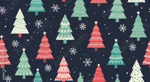 Seamless holiday pattern shows stylized red, teal, and white christmas trees and snowflakes on a dark blue background with stars.
