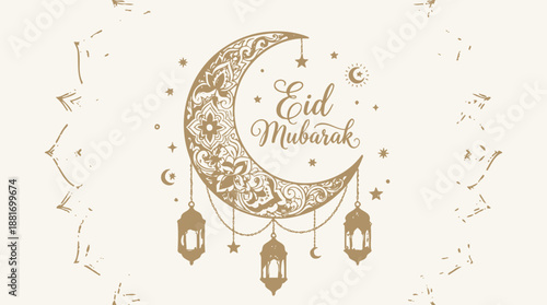Eid Mubarak Crescent Moon Vector – Golden Lanterns, Stars, Mandala Background for Islamic Festive Greeting, Ramadan, Eid Celebration, Religious Clipart, and Cultural Design