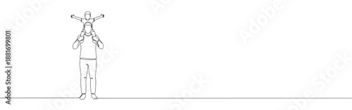 Continuous one line drawing of a father carrying his son on his shoulders, viewed from the side in a moment of connection