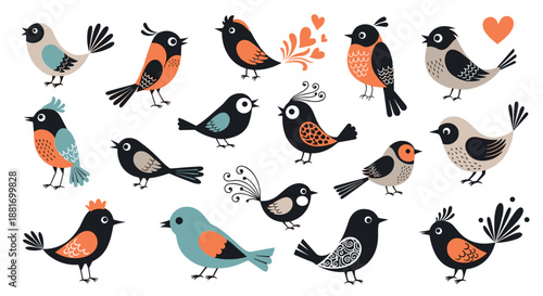 Diverse set of charming bird illustrations features many different species in colorful styles with unique patterns and personality for design use.