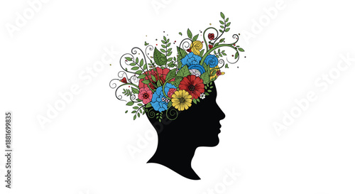 Human head silhouette grows a vibrant garden of colorful flowers and swirling vines representing mental health, creativity, and inner growth.