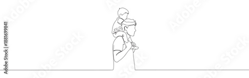 Continuous one line drawing of a father carrying his son on his shoulders, joyfully bonding together