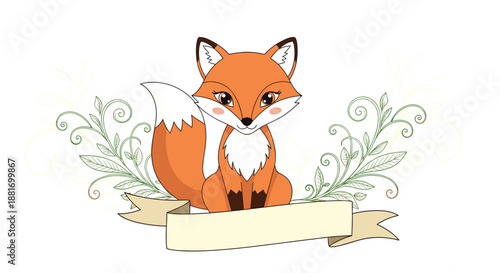 Cute orange fox sits patiently inside a decorative frame of green floral flourishes with a blank ribbon banner for custom text or names.