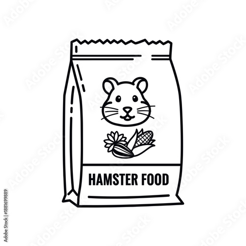 Minimalist black outline vector icon of a hamster food bag, symbolizing small pet nutrition and animal care packaging, isolated on a transparent background