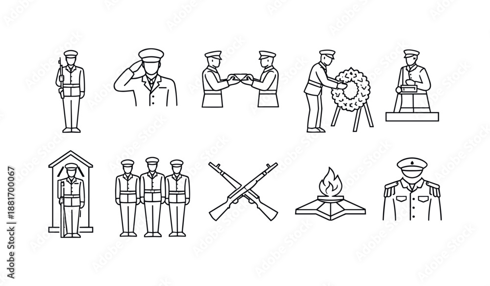 Naklejka premium Minimal line icon set showing soldiers saluting, rifle memorial, wreath ceremony, honor guard, officer portrait, and eternal flame tribute elements