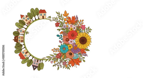 Circular design elements combine a row of colorful houses and trees with a lush half circle of various autumn flowers and falling leaves.