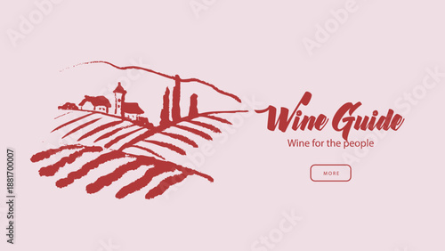 Wine plantation hills and trees. Sketch vineyard landscape. Hand drawn blue lineart vector illustration of wine growing region. Countryside winemaking background